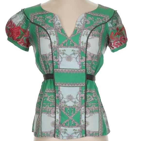 100% Silk, Anthropologie embroidered Blouse Green and Red Women's Top - Picture 1 of 6